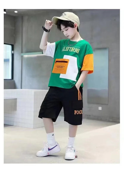 Summer Boys Clothes Sets Teenager Casual Outfits Kids Print T-shirt +Shorts 2Pcs Children Short Sleeve Tracksuit Suits 5-12 Year