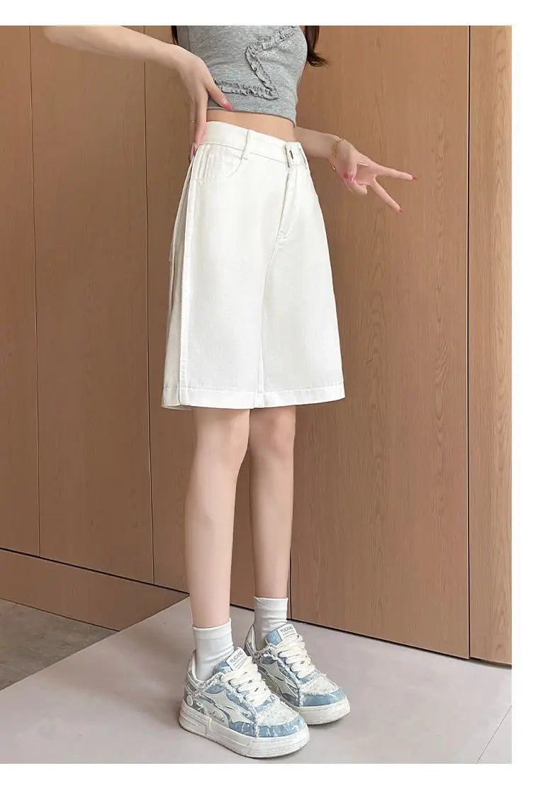 Women's 2026 Summer White Five-Point Denim Shorts Korean Y2K High Waist Loose Slimming Stretch Straight Leg Jeans