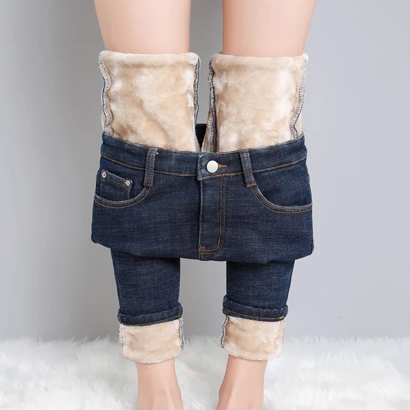 2023 Fashion Women Stretch High Waist Pencil Pants Casual Female Velvet Jeans High Quality Fleece Mom Jeans Thick Plush Pants