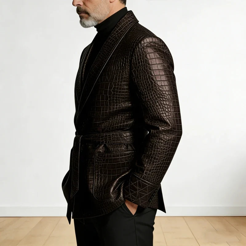  Men's Crocodile Pattern Leather Blazer Double Breasted Belted Shawl Collar Jacket Business Formal Party Wedding Casual Wear