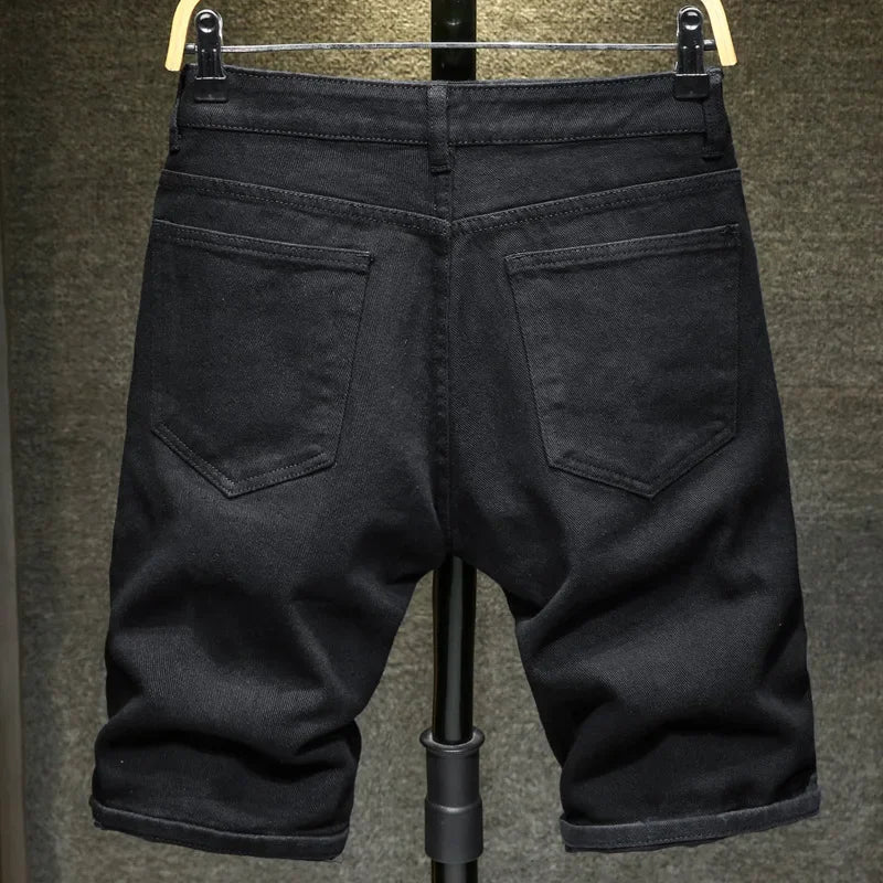 2024 New Summer Men's Casual Fashion Straight Denim Shorts Simple Ripped Streetwear Slim Fit Denim Shorts Male Black White
