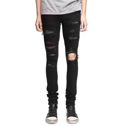 Korean Fashion Jeans Men's Black Ruffian Handsome Trendy Brand Hot Diamond Ripped Beggar Slim Spring Autumn Elastic Casual Pants