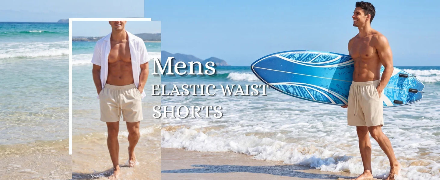 Men's Corduroy Texture Casual Shorts 6" Inseam for Summer Beach Vacation Elastic Waist Drawstring Lightweight Pockets