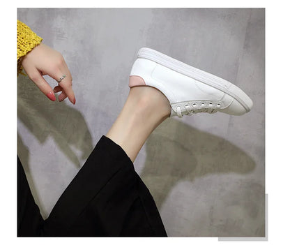 Women's Ladies Female Genuine Leather White Shoes Flats Lace Up Moccasins Spring Autumn Vulcanized Shoes Korean