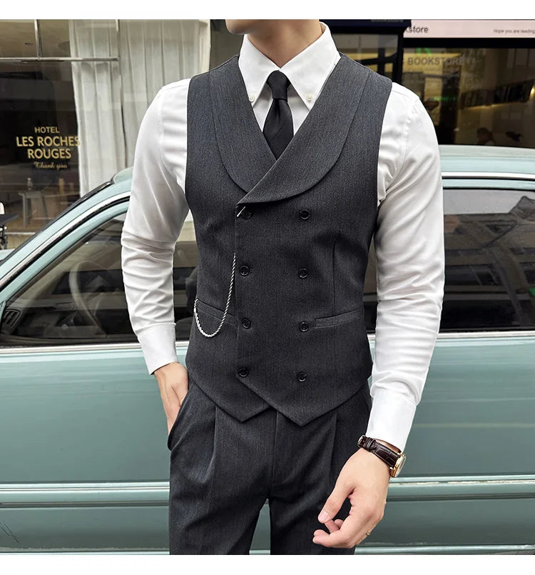 ( Vest + Pants) Men Luxury Double Breasted Design Suit Vest 2 pieces Formal Groom Wedding Dress Vest Set Fashion Club Clothing