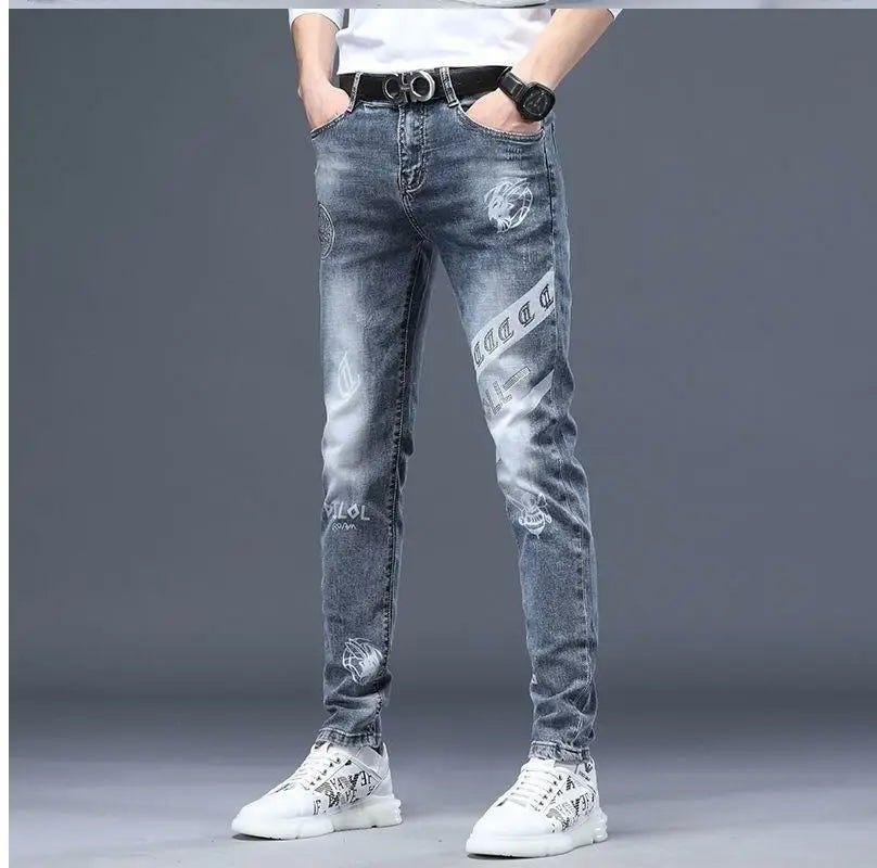 High End Stylish Classic Distinctive Printed Black Stretch Denim Jeans for Men High Quality Slim Fit Stretch Luxury Denim Pants