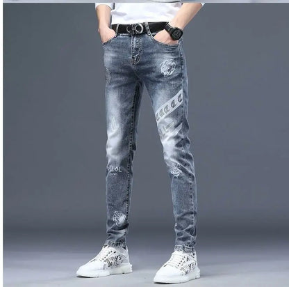 High End Stylish Classic Distinctive Printed Black Stretch Denim Jeans for Men High Quality Slim Fit Stretch Luxury Denim Pants