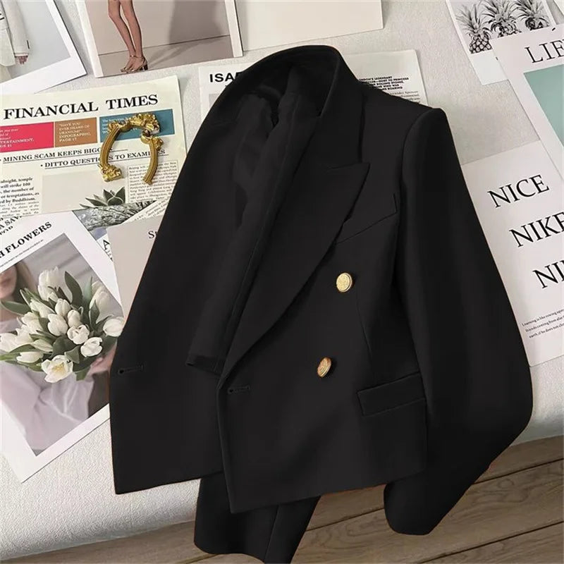 High-Quality Double Breasted Crop Blazer Women Korean Solid Long Sleeve Suit Coat Office Ladies Elegant Short Jacket Female Coat