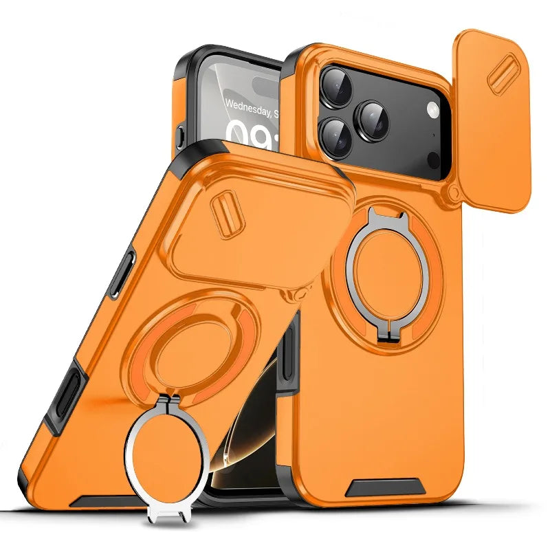 Luxury Heavy Duty Rugged Armor Magnetic Bracket Case For iPhone 17Air 16 15 14 17 Pro Max Plus Slide Camera Protection PC Cover