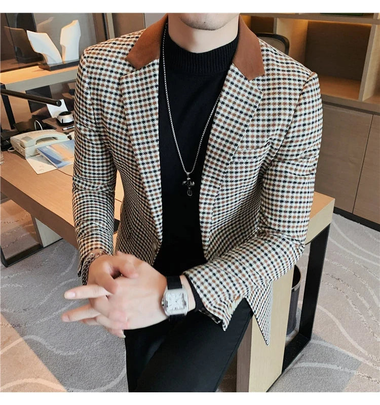 2024 Autumn Winter Korean  Houndstooth Blazer Jackets Fashion Color Matching Lapel Design Casual Men's Plaid Suit Coat Tuxedo