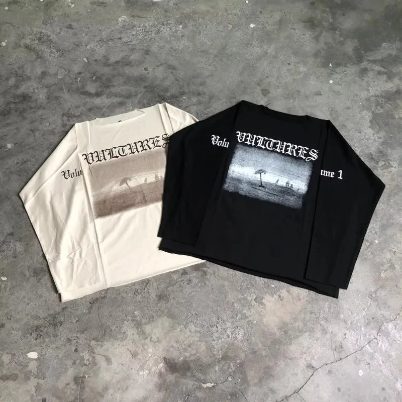 Vultures DONDA Kanye Quality Printed Long Sleeves 100%Cotton Casual Loose Oversized Tops T Shirt For Men