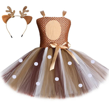 Deer Costume for Girls Halloween Christmas Tutu Dress Reindeer Elk Cosplay Fancy Dress Up Kids Girl Birthday Party Clothes 1-12Y