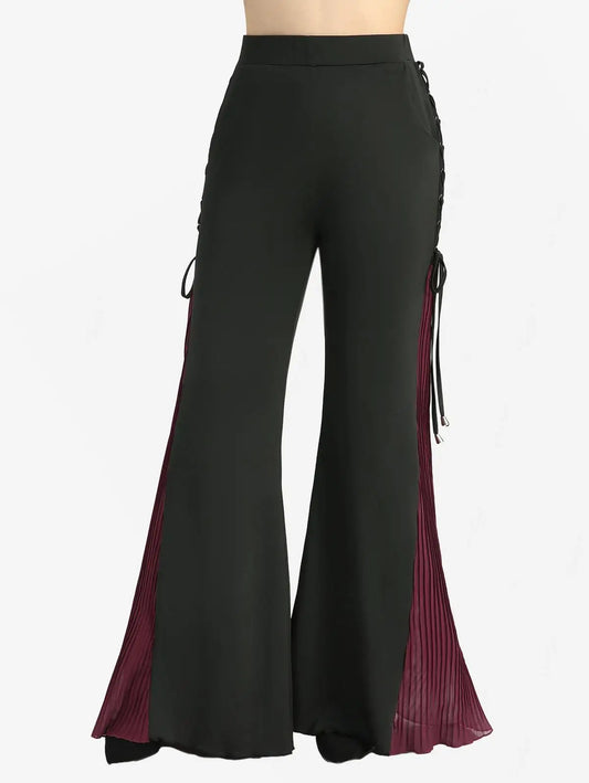 Plus Size Flare Pants Women Casual Trousers Bottoms Grommets Lace Up Pleated Patchwork Pant With Pockets