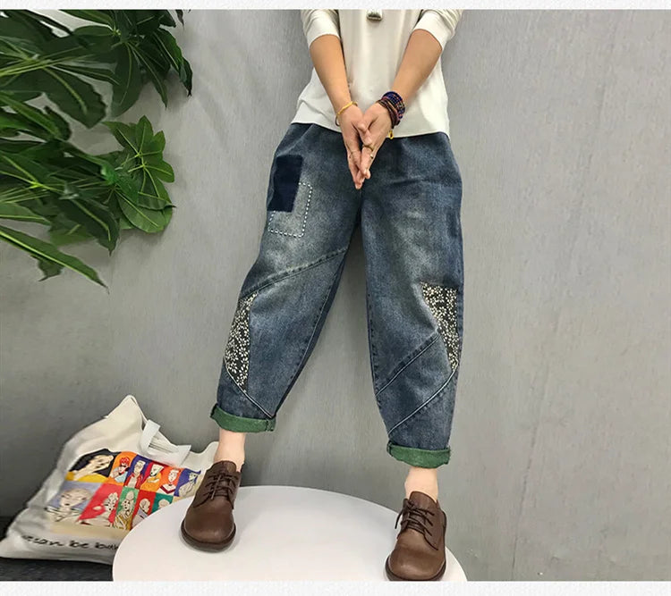 2024 Chinese Style Spring Womens Printed Patchwork Jeans Ladies Vintage Blue Denim Pants Female Casual Punk Pantalons