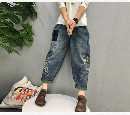 2024 Chinese Style Spring Womens Printed Patchwork Jeans Ladies Vintage Blue Denim Pants Female Casual Punk Pantalons
