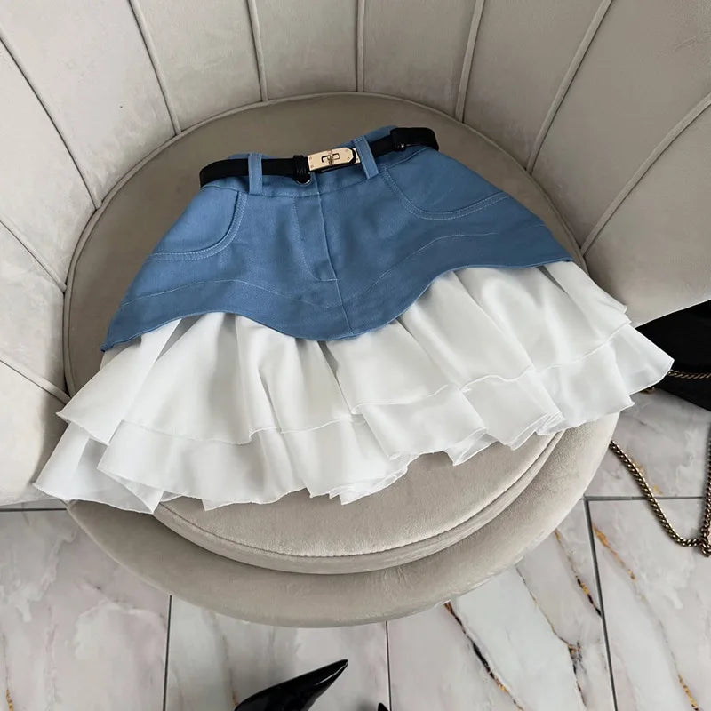 Denim Cake Skirt Women A Line Short Skirts High Waist Ruffles Elegant Splice Y2k Streetwear Party Pleated Slim Fit 2025 Spring