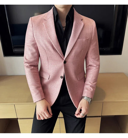 Bright Silk Thousand Bird Grid Suit Jacket Korean-style Business Fashion Slim Fit Single Breasted Men Social Party Dress Coats