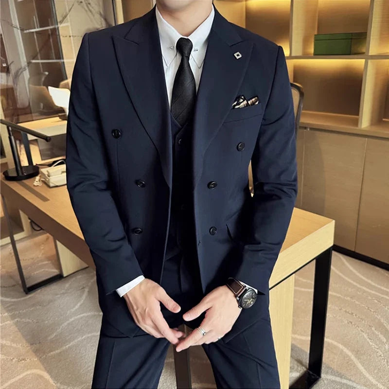 M-7XL Blazer Vest Pants High -end Brand Gray Black Men's Casual Business Double -breasted Suit Groom's Wedding Slim Men's Suit