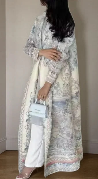 Women's Fold Miyake Pleated Abaya Long Sleeve Print Foldable Collar Robe Cardigan Coat New Winter Fashion Original Design 2026