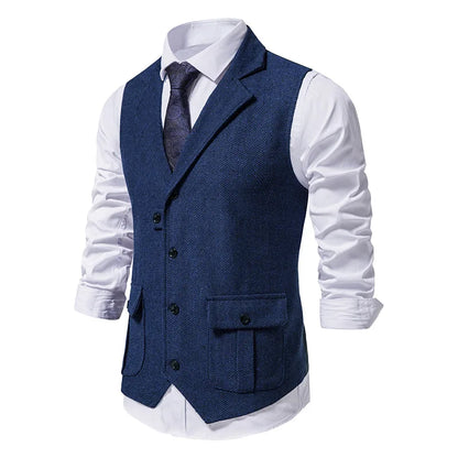 Tailored Collar Vest for Men Single Breasted Herringbone Tweed Suit Vest Mens Formal Striped Waistcoat Punk Groomsmen Wedding