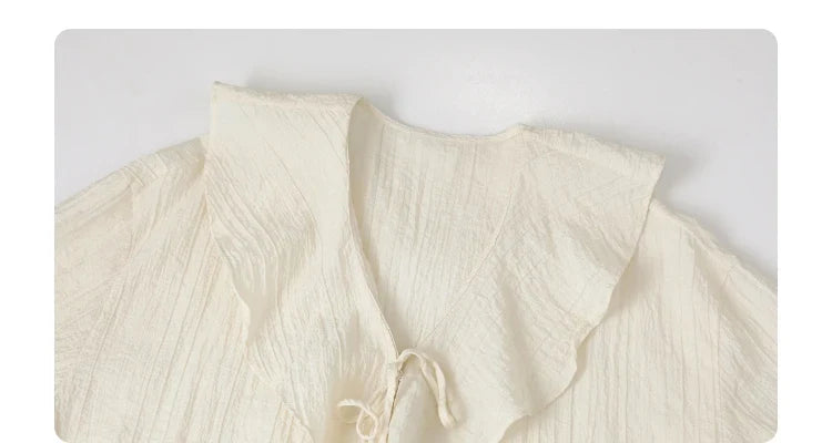 Women Shirt Loose Casual Ruffled Edges Female Blouses Solid V Neck Lace Up Mid Length Ladies Shirts Spring Summer 2026