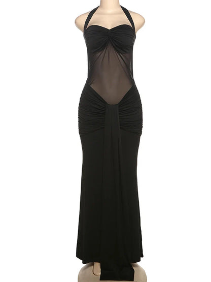 Halter Mesh Patchwork Dress Women Summer Trend Off Shoulder Backless Ruched Ribbon Midnight Prom Party Hipster Vestidos