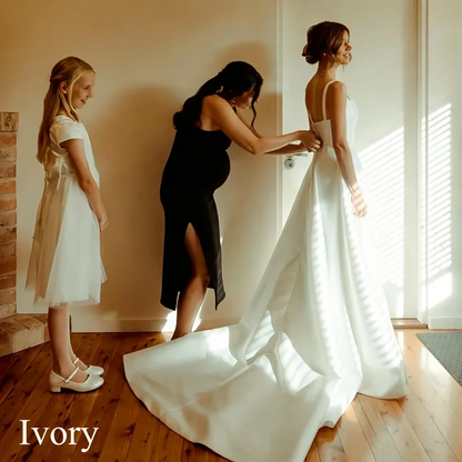 Classic Long White Wedding Dress A-Line Square Collar Spaghetti Straps Formal Pleat  Vintage Backless High Silt Grown Customized