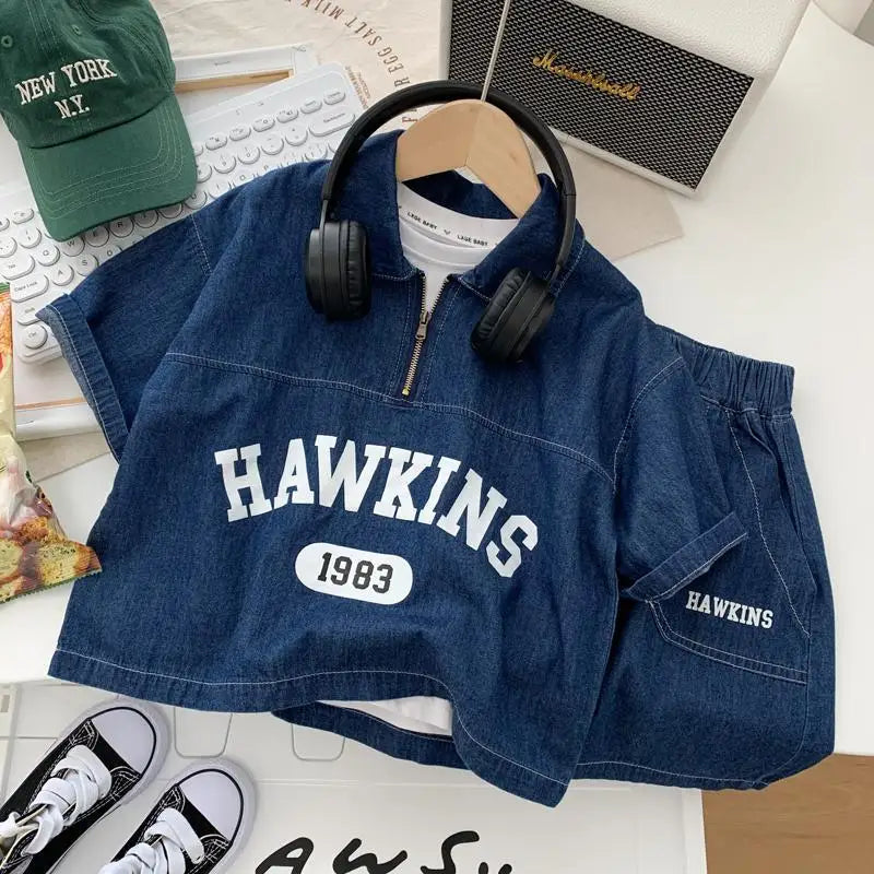 Boys Cotton Summer Suit 2026 New Baby Fashion Print Clothes Children Korean Handsome Short-sleeved Shirt + Denim Shorts 2pcs Set