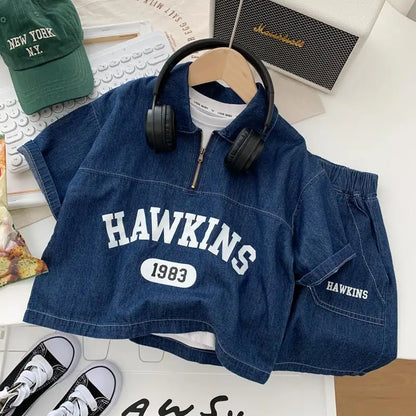Boys Cotton Summer Suit 2026 New Baby Fashion Print Clothes Children Korean Handsome Short-sleeved Shirt + Denim Shorts 2pcs Set