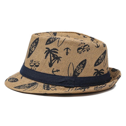 2026 Men's Breathable Straw Fedora Hat with Tropical Print UV Protection Beach Vacation Casual Jazz Cap for Summer