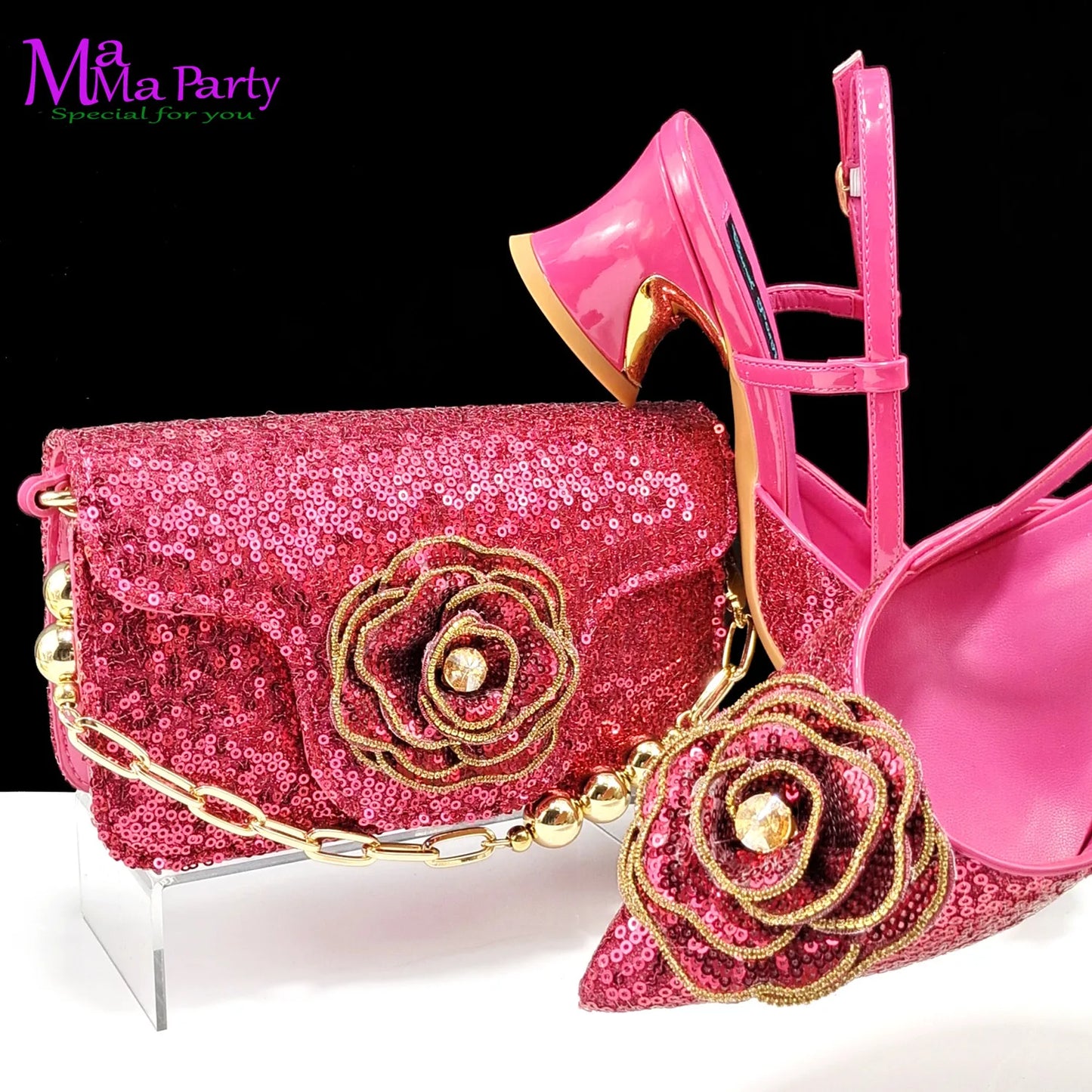 2024 Summer New Design Specials Italian Women Shoes and Bag Set in Gold Color Comfortable Heels with Appliques for Party