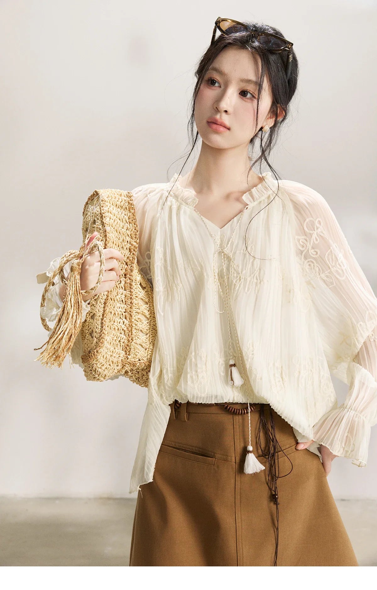 Women's Tassel Tie Flower Embroidered Blouse 2026 Spring V-Neck Lantern Sleeves Top Casual Loose Sheer Blouses MXF13X2525
