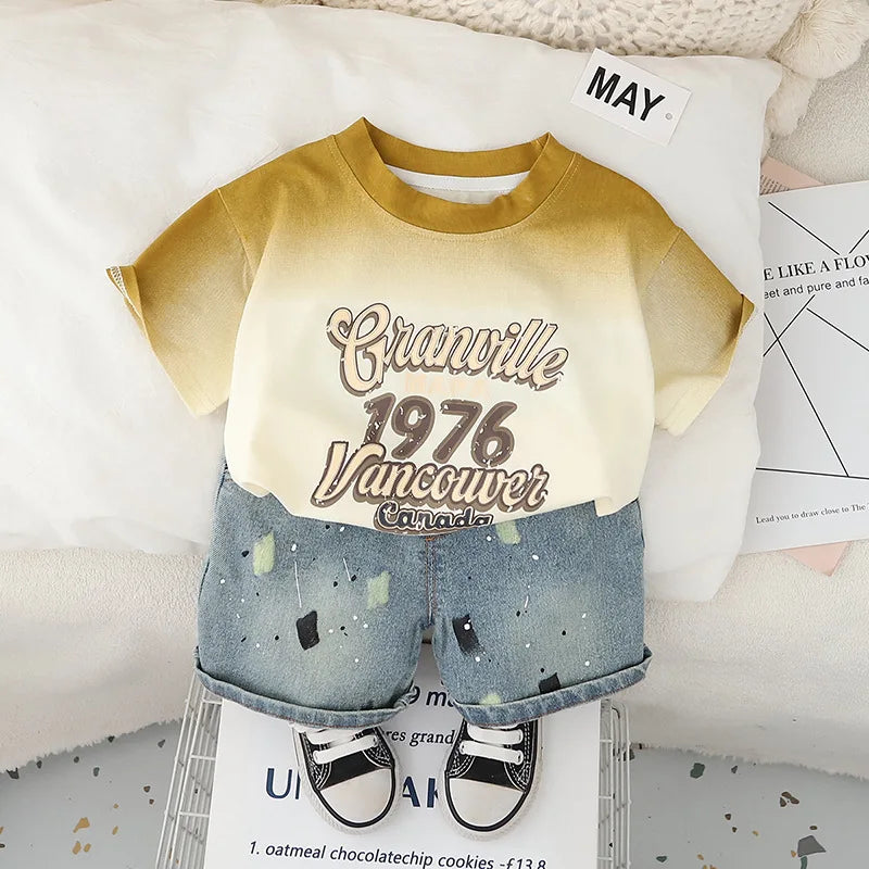 0-5Years New Baby Boys Girls Summer Clothes suits Tie dye letter T-shirt denim Shorts 2pcs/sets Children Clothing Tracksuits Set
