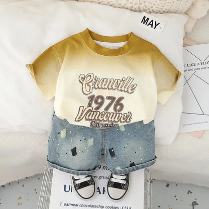 0-5Years New Baby Boys Girls Summer Clothes suits Tie dye letter T-shirt denim Shorts 2pcs/sets Children Clothing Tracksuits Set