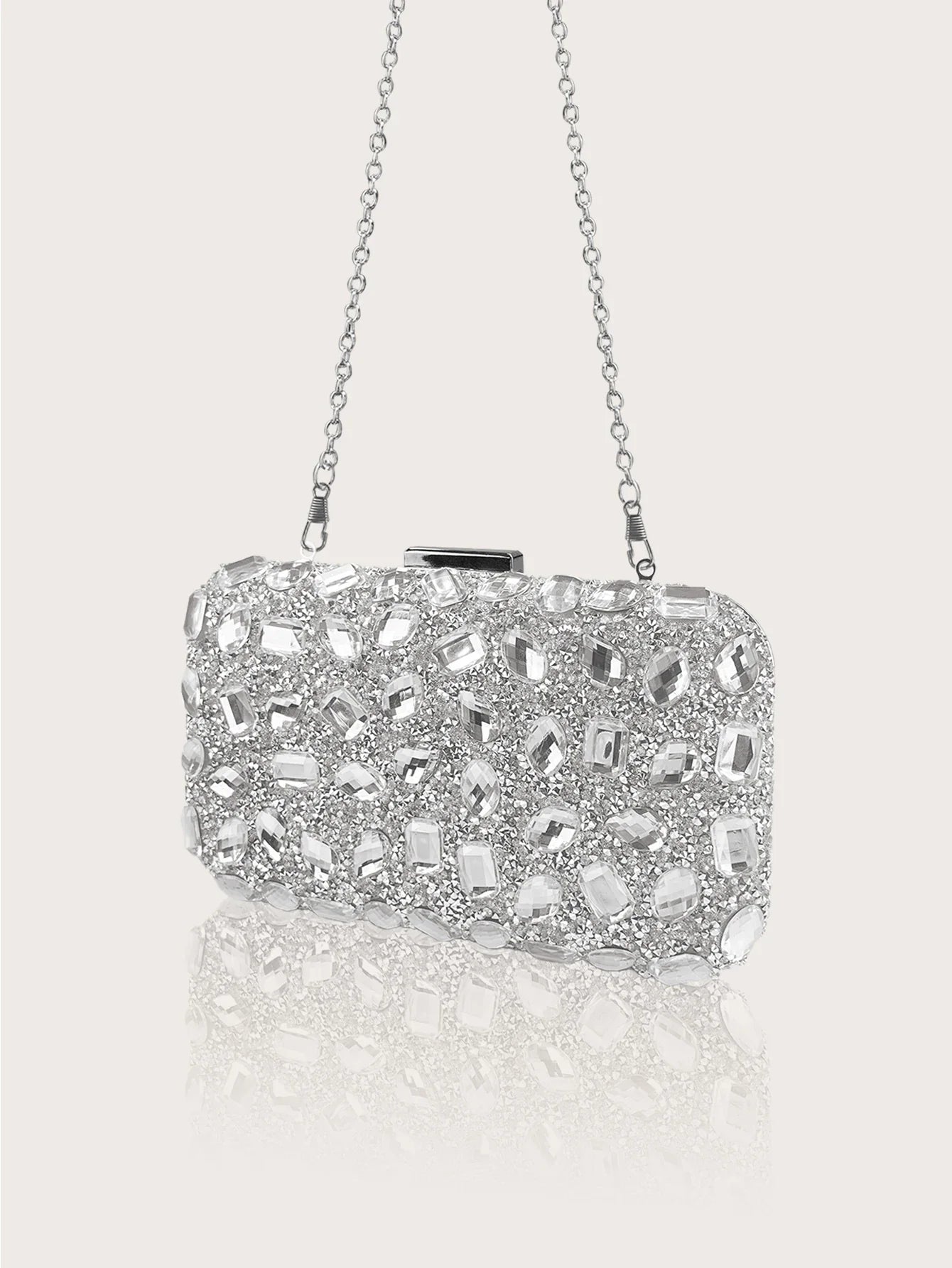 Fashionable and Luxurious, Simple Rhinestone Party Clutch and Box Bag, Exquisite and Elegant Women's Evening Bag, Paired with a Gorgeous Rhinestone Pendant Necklace, Bracelet, and Earrings Four-Piece Set, Perfect Wallet for P