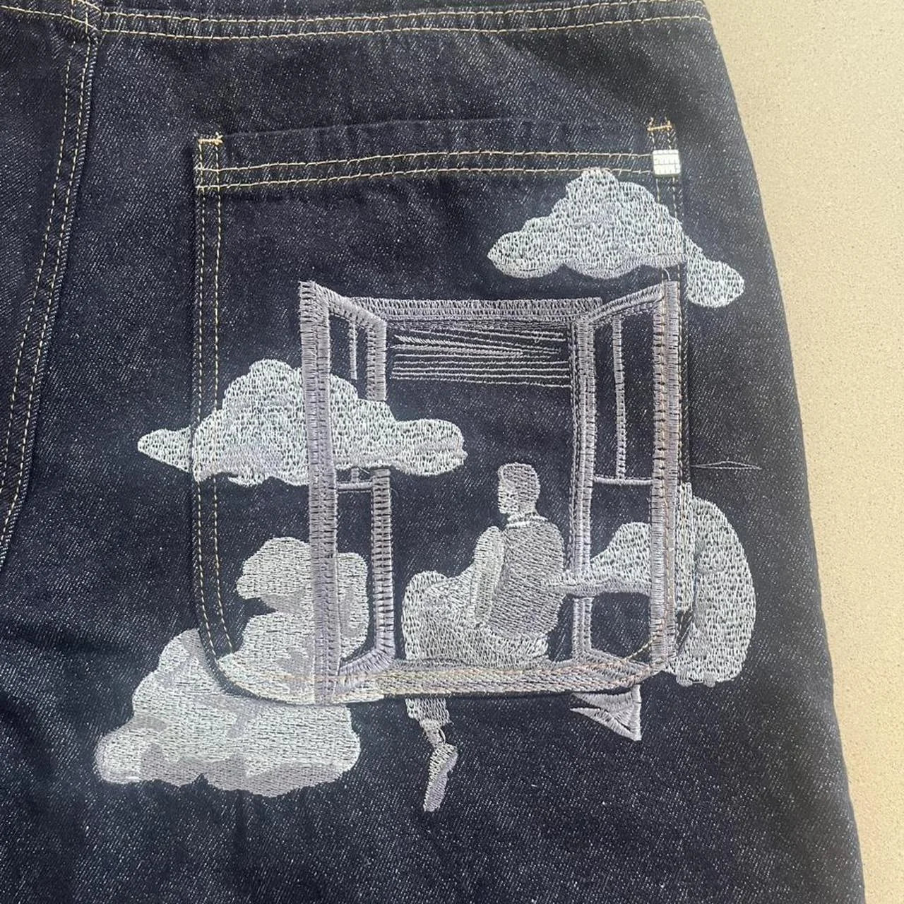 Vintage Window Embroidery Denim Shorts Men Women Y2K Streetwear Baggy Wide Leg Knee Length Dark Blue Casual Jean Shorts
