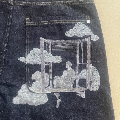 Vintage Window Embroidery Denim Shorts Men Women Y2K Streetwear Baggy Wide Leg Knee Length Dark Blue Casual Jean Shorts