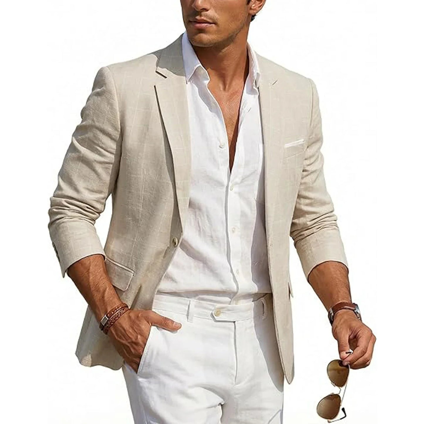 Men's Casual Linen Blazer Slim Fit Formal Business Lightweight One Button Suit Jacket for Spring/Summer Beach Wedding Sport Coat