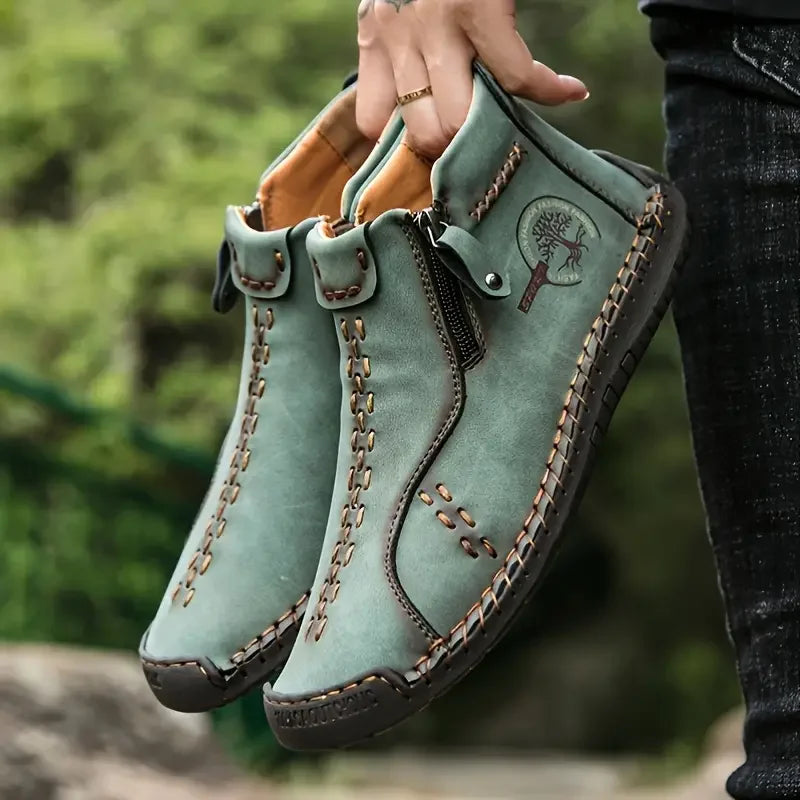 New Classic Handmade Leather Men Shoes Zipper Design Outdoor Sneakers Slip On Breathable Casual Shoes Leather Men Ankle Boots