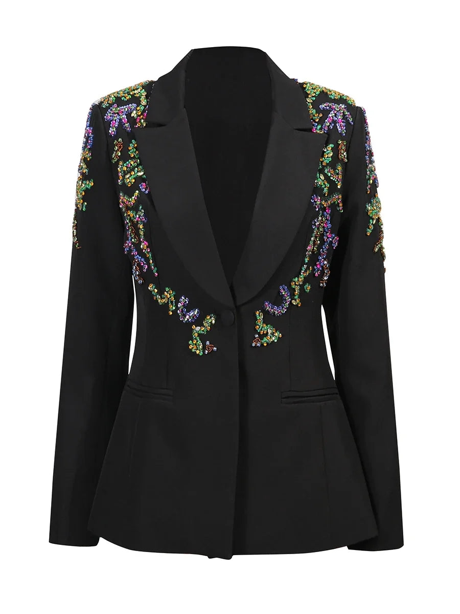 Solid Slimming Spliced Beading Fashion Blazers for Women Lapel Long Sleeves Tunic Temperament Blazer Female Clothes