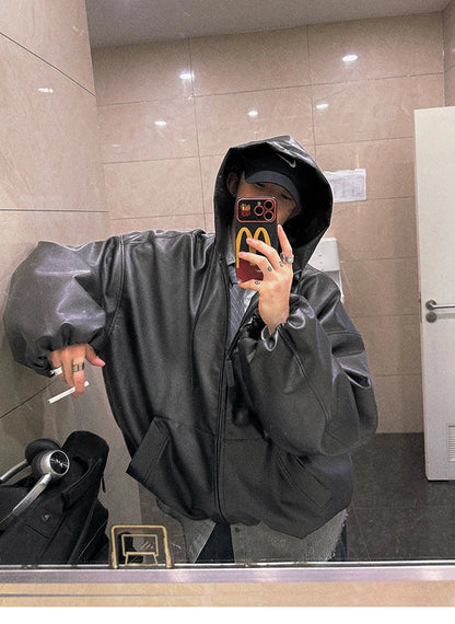 Spring Autumn Short Oversized Black Soft Pu Leather Jacket Men with Hood Zipper Loose Casual Korean Fashion Clothes