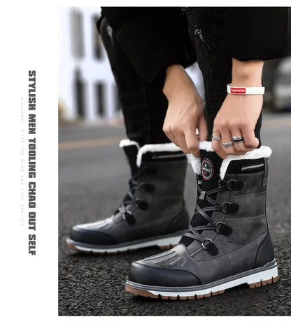 Fashion Men's Winter Boots Warm Fur High-top Snow Boots Men Waterproof Leather Platform Boots Outdoor Non-slip Men Winter Shoes
