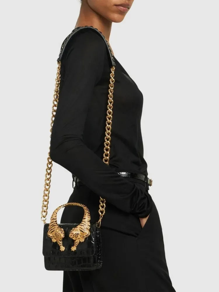 Roar Croc Embossed Handbag Women Genuine Crocodile Scale-effect Leather Signature Tiger Motif Crystal Embellishment Shoulder Bag