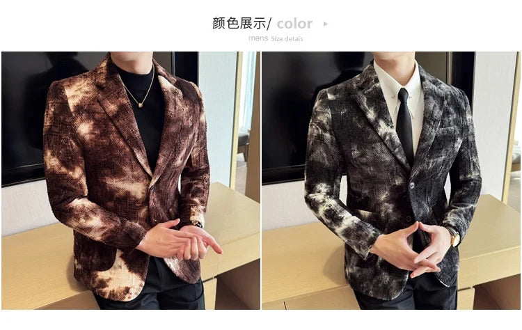 High QualityTie Dye Chenille Men Fashion Casual Suit Jacket Autumn Winter New Korean Slim Fit Social Wedding Suit Blazer