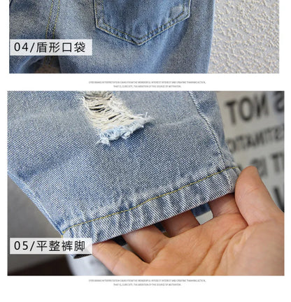 2-10 Years Kids Boys Clothes Set Summer Short Sleeve Cartoon Print Lapel T-shirt And Denim Shorts 2PCS Children Tracksuit Outfit