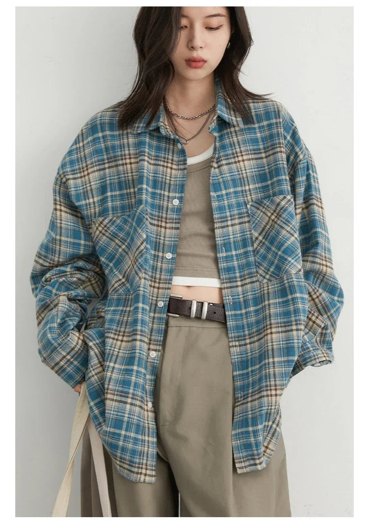 Women's Cotton Shirt Single Breasted Loose New Retro Color Blocked Grid Female Blouses Autumn Spring 2026