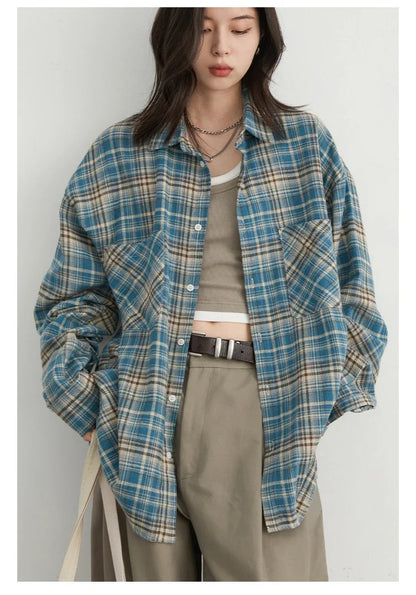 Women's Cotton Shirt Single Breasted Loose New Retro Color Blocked Grid Female Blouses Autumn Spring 2026