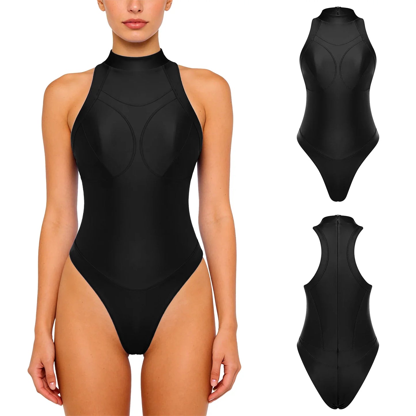 Womens Oil-shiny One-piece Bathing Suit Quick-drying Sleeveless Flat Seams High Cut Bodysuit Swimwear for Pool Beach Surfing
