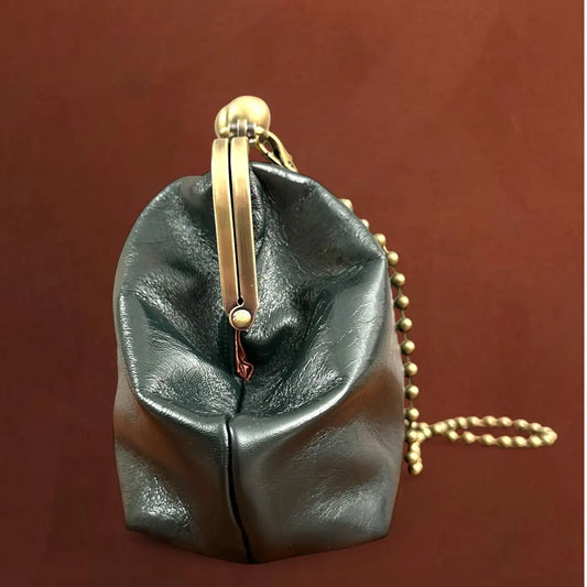 Lost in Vintage Artficial Leather Bag Tailored BBag Metal Frame Kiss Lock Bronze Snap Closure with Spheres Purse 30x16x9cm