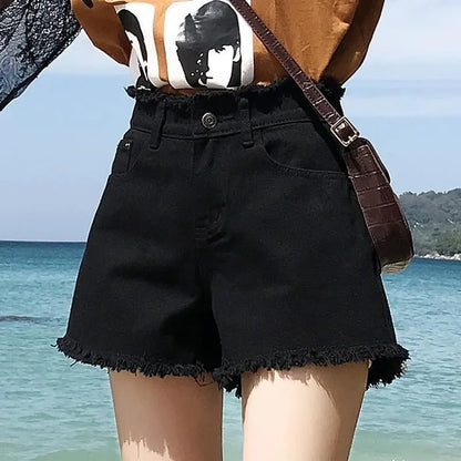 Spring Summer Women Short Jeans Women Wide Leg Denim Shorts Fashion Female High Waist Black Tassels Caual Denim Shorts Girls